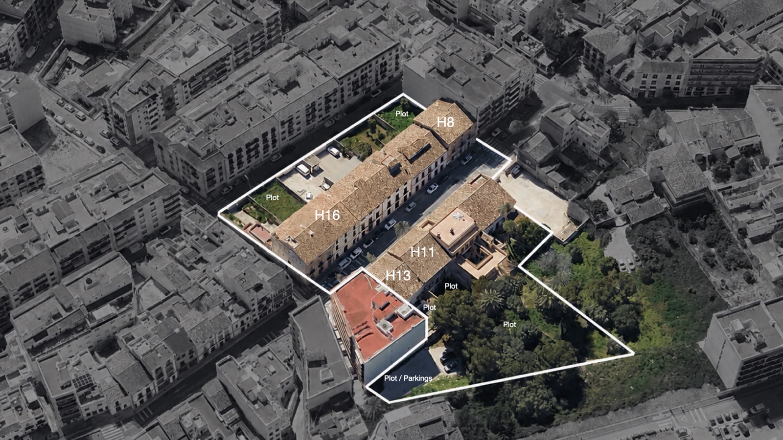 Heritage Jávea — aerial view of the four buildings H8, H16, H11, H13 on Avinguda d'Alacant